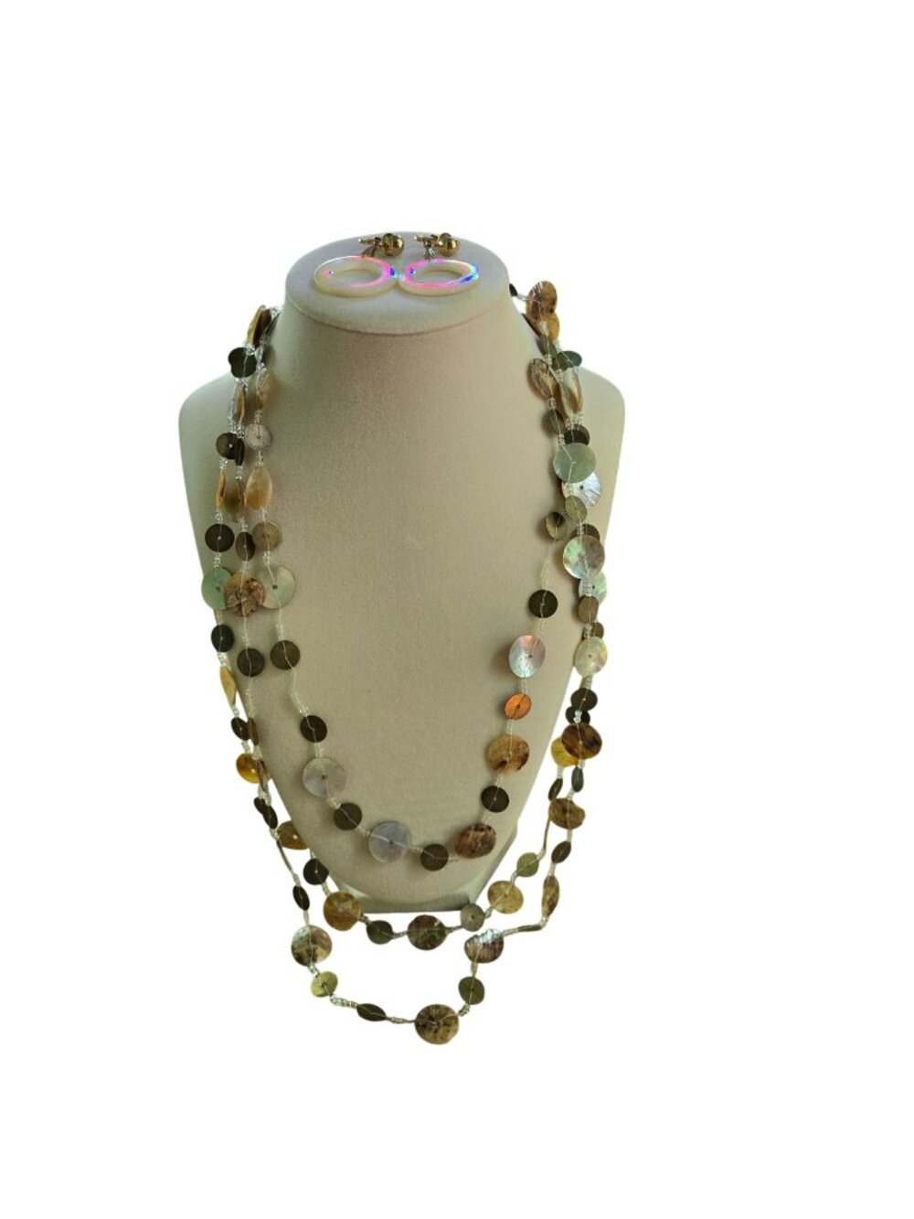 Vintage 3 Strand 28" Natural Neutral Shell Necklace Clip On 4" Earring Set
